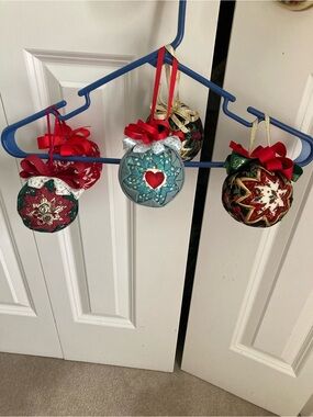 Handmade Holiday Quilted Ornament Set - Red, Green, Teal, Gold Lot of 5